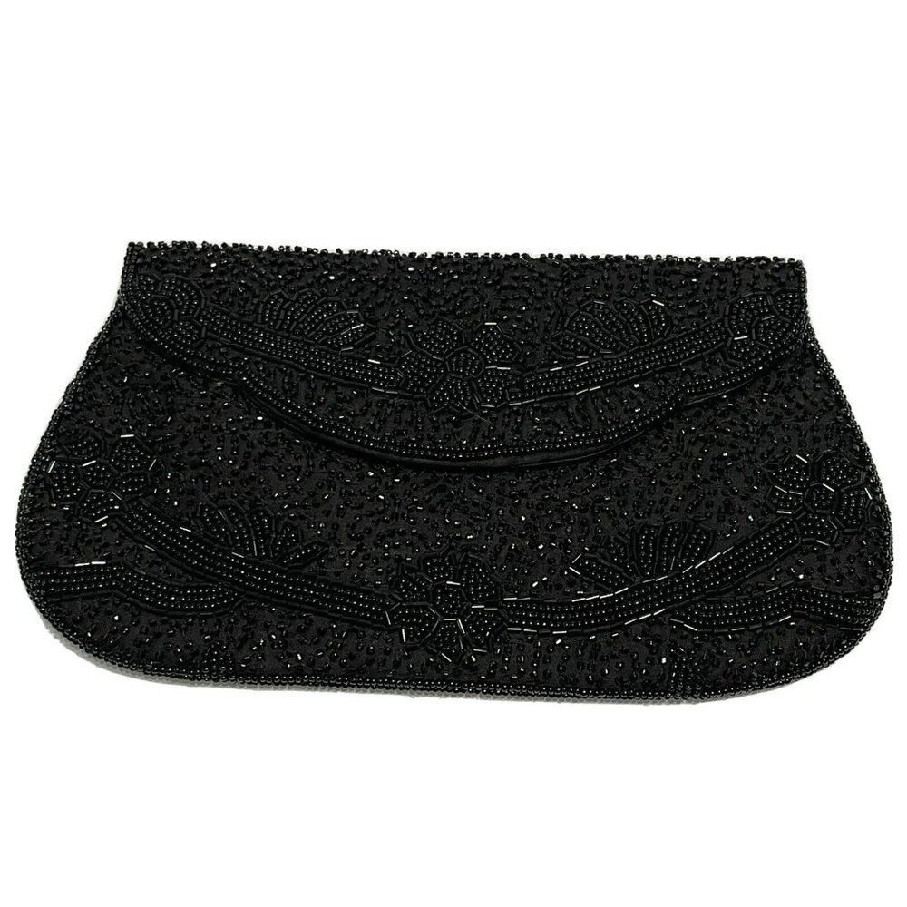 Vintage 50's Sharonee Hand Seed Beaded Black Clutch Japan Rhinestone Floral